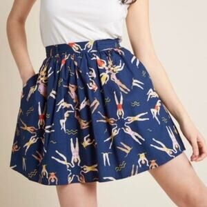 ModCloth Skirt With Pockets Blue Synchronize Swimming Print Cotton Womens 4X